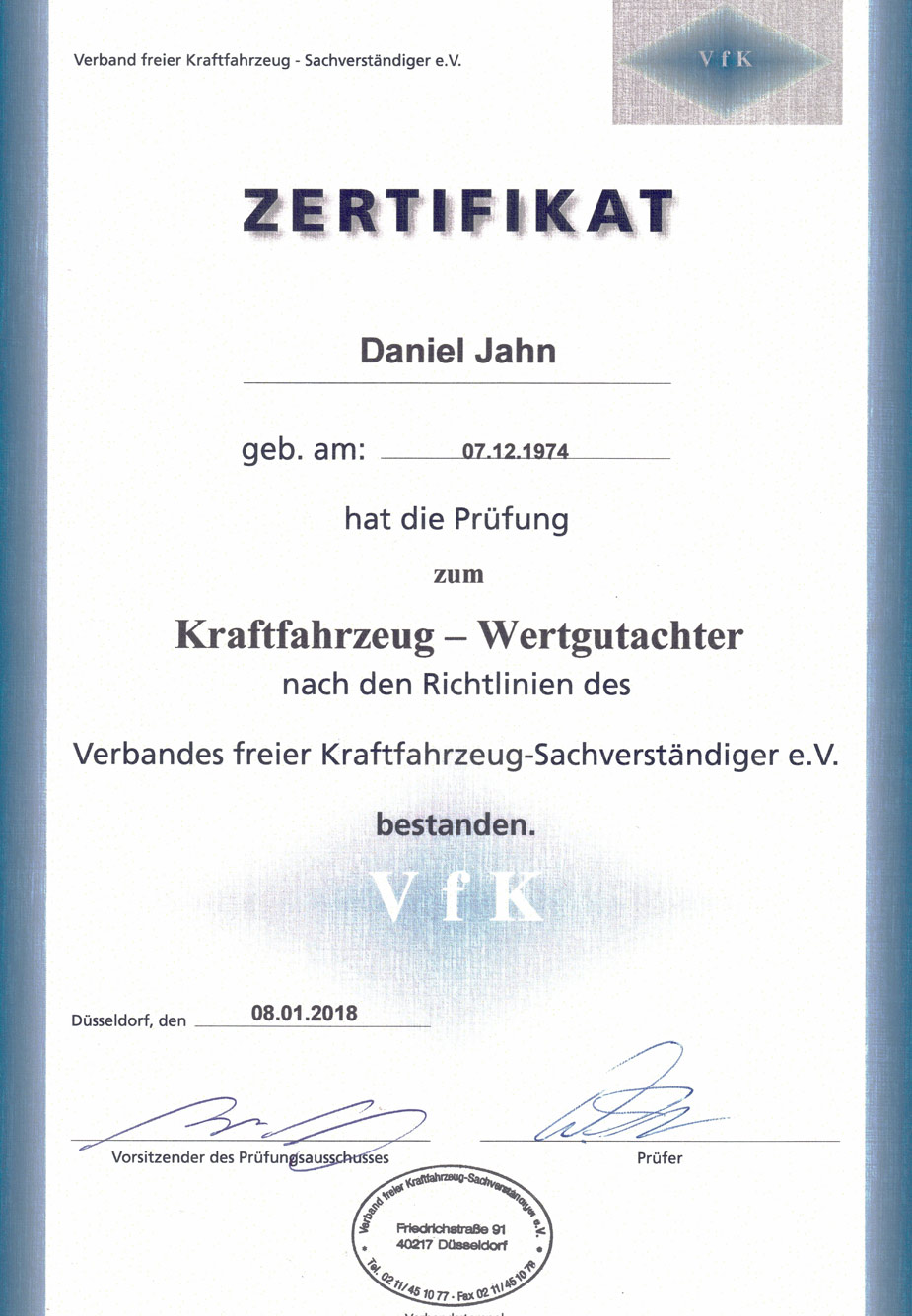 Zertifikat KFZ-Wertgutachter