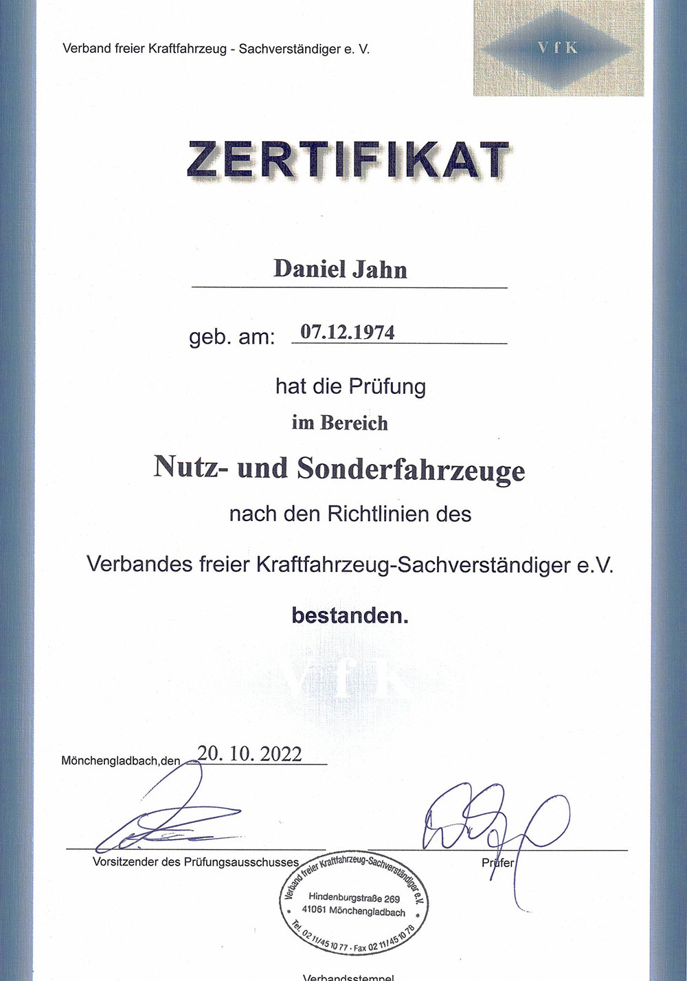 Zertifikat Nutz- & Sonderfahrzeuge